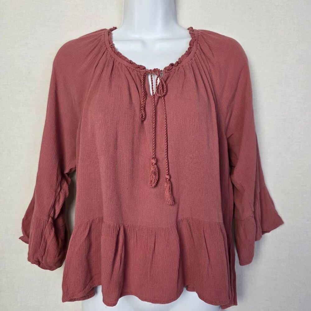 Hippie Rose Boho Peasant Top Pink Tassel Tie Size L